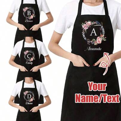1 chiếc tạp dề nấu ăn nhà bếp màu đen, in tên/chữ cái viết tắt theo yêu cầu, chất liệu polyester hiện đại, chống dầu mỡ, thích hợp cho làm vườn, nhà bếp và việc nhà, hoàn hảo cho gia đình, nhà hàng và nấu nướng. Hàng mới về.