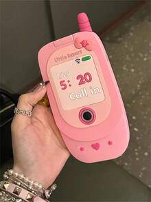 1pc Korean Cute 3D Hot Pink Big Cellphone Model Flip Mirror Silicone Phone Compatible With 16 15 14 13 12 Pro 11 Shockproof Soft Cover - 粉色 - 查看 10