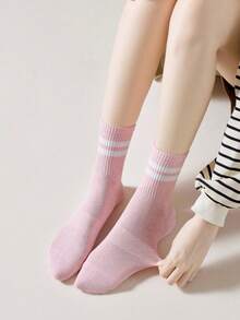 5 Pairs Women's Solid Color & Striped Fashion Socks, Soft Comfortable Breathable Casual Mid-Calf Socks, Suitable For Daily Wear | Colorful Striped Sailor Socks, Suitable For Spring Festival, New Year, Christmas Gifts - Multicolor - View 5