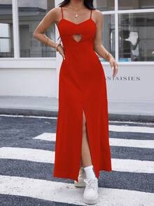 REF:AS1826 - Long Dress With Thin Straps And Front Slit: Elegance And Sensuality In The Same Look - Red - View 3