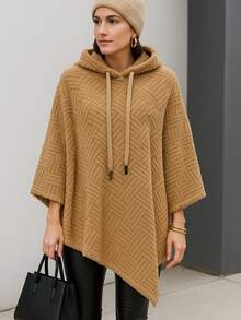 Capa poncho asimétrico largo con capucha para mujer, estilo casual, con detalles de cordón ligero sin forro - Camel - Ver 3