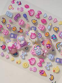 一款日式像素风美甲贴纸，采用浮雕激光技术，复古千禧风格，包含游戏手柄、游戏机、蝴蝶结等元素，适合个人DIY和美甲沙龙使用。 - 彩色 - 查看 2