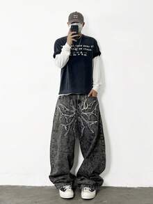 1 chiếc quần jeans ống rộng dáng suông thêu họa tiết phong cách American Vintage High Street, quần dài rộng rãi thoải mái (Không bao gồm thắt lưng và phụ kiện) - màu đen - Xem 5