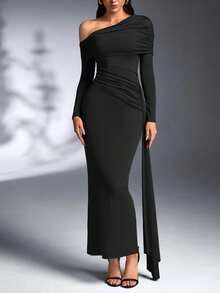黑色不对称领长袖修身派对夜店冬季连衣裙优雅晚礼服时尚婚礼
