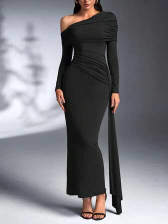 Svart Asymmetrisk Halsringning Långärmad Bodycon Fest Klubb Vinterklänningar Elegant Aftonklänning Chic Bröllopsklänning