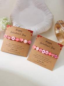 情人节手链，简约百搭粉色心形信封软陶珠情侣手链 - 彩色 - 查看 6