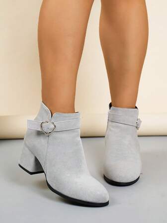 Plus Size Women's Chunky Heel High Heel Solid Black Casual Side Zipper Heart Decor Strap Ankle Boots, Comfortable Short Boots