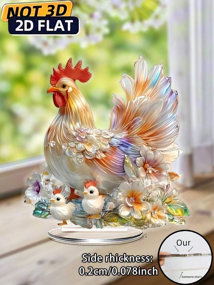 Figura Decorativa de Galinha em Acrílico com Textura de Vidro Colorido 2D e Decoração Floral - Decoração de Mesa Estilo Boho, Perfeita para Casa e Escritório, Presente Ideal para Amantes de Animais e Inauguração - Gato de Cristal - Visão 1