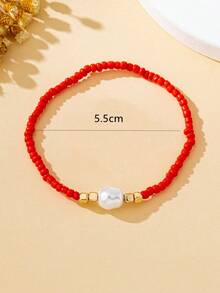 Pulseira feminina elegante com pérolas artificiais, ajustável e versátil, ideal para presente. - Pérola de milho vermelha - Ver 4