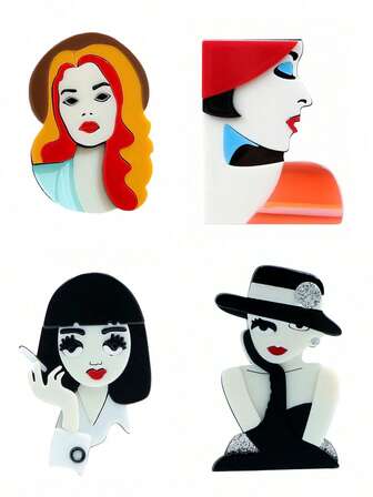 1pc Handmade Asymmetrical Girl Portrait Acrylic Brooch, Retro Cartoon Character Head Pin