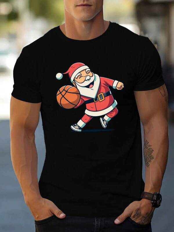 Camiseta de manga corta para hombres con estampado de Santa jugando baloncesto, camiseta de verano