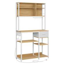 VASAGLE Estantería de Cocina con Multienchufe, Armario de Cocina, 40 x 100 x 180,4 cm, Estante de Microondas, Cajón de Tela, 12 Ganchos, Roble Dorado y Blanco Nube - Caqui - Ver 6