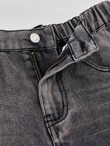 少女直筒弹力腰宽松休闲复古牛仔裤 - 灰色 - 查看 5