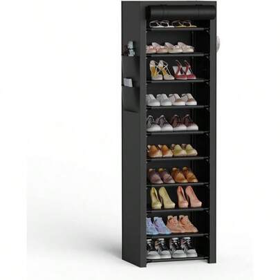 Vertical Narrow Shoe Rack Organizer 10 Tier Tall Shoe Shelf Holds 20-22 Pairs With Non-Woven Dustproof Cover For Closet Entryway