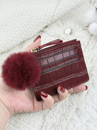 With A Pom-Pom Charm Wine Red Embossed Zipper PU Portable Zipper Ultra-Thin Minimalist Small 6-Card Pack Multi-Card Purse Fashion Men'S And Women'S Short Wallet Simple Daily Use For Women Mini Wallet Small Wallet Wristlet Wallet Card Wallet Lanyard