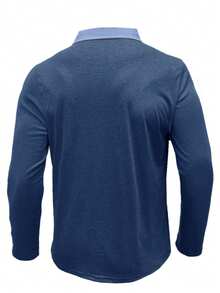 Men's Fashion Long Sleeve Polo Shirt, Spring/Autumn Turndown Collar Button Henley Shirt - Navy Blue - View 5
