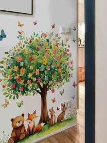 1片/2片/3片装 - 墙贴 - [绿色植物，粉色动物树] PVC自粘可移除墙贴，适用于托儿所、儿童房、游戏室或教室 - 可爱创意墙面装饰，适用于任何空间