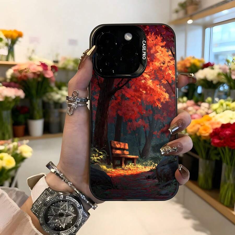 Funda para telefono con diseño de otoño rojo y banco en bosque funda negra con estampado de arboles y hojas caidas ideal para amantes de la naturaleza y estaciones del año Aplicable a los teléfonos de la serie Apple y Galaxy - Negro - Ver 1