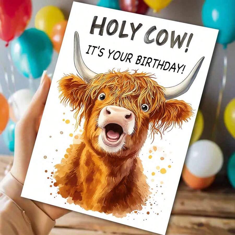 高地牛主题成人生日贺卡 - “我的天哪！”送给动物爱好者的趣味祝福（附信封） - 彩色 - 查看 1