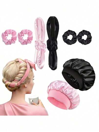Set de 4 piezas de herramientas para el cuidado del cabello durante el sueño, rodillos para el cabello sin calor para dormir, gorro de seda para dormir, gorro con banda elástica para dormir para el cuidado del cabello de las mujeres