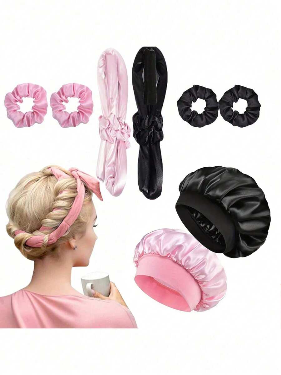 Set de 4 piezas de herramientas para el cuidado del cabello durante el sueño, rodillos para el cabello sin calor para dormir, gorro de seda para dormir, gorro con banda elástica para dormir para el cuidado del cabello de las mujeres