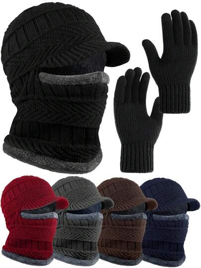 2pcs Suit Winter Knit Beanie Hat Neck Warmer And Gloves Elastic Double-Layer Warm Hat+Gloves Combination Suitable For Winter Warmth, Christmas Gift, New Year Gift, Outdoor Warmth Set Lining Color Is Random(Style 1-Style 5 Color Random) Men And Women Autumn And Winter Clothing Accessories