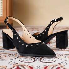 New Vintage Pointed Toe Rivet Decor Chunky Heel Sandals, Strap Versatile Slip-On Flats For Office Wear - Black - View 5