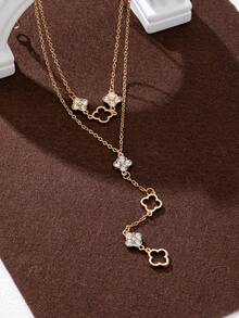 1pc Fashionable Crystal Clover Y-Shaped Multi-Layer Long Necklace