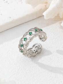 1pc Vintage Brass Faux Emerald Gemstone Lace Edged Elegant Retro Open Ring - Ring - View 8