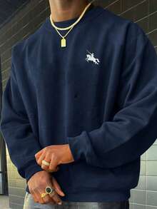 男士骑士印花圆领宽松套头卫衣 - 藏蓝色 - 查看 1