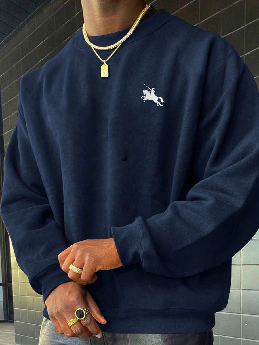 男士骑士印花圆领宽松套头卫衣 - 藏蓝色 - 查看 1