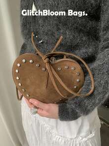 Commuting Fashionable Versatile Rivet Heart Faux Suede Retro Eye-Catching Rivet Design Faux Suede Heart Shoulder Crossbody Bag, Women Street Fashion Handbag - Brown - View 1