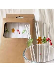 5支高品质弯曲玻璃吸管，采用硼硅酸盐玻璃制成，带有节日元素和透明设计，可重复使用。适合作为礼物，也适合家庭和朋友聚会、斋月、情人节以及其他派对和节日使用。 - 彩色 - 查看 2