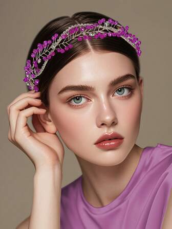 1pc Rhinestone Headband, Sweet Pink Crystal Braided Bridal Headpiece, Suitable For Wedding, Holiday, Birthday, Christmas Party, Casual Wear