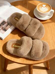 Women's Plush House Slippers, Soft Warm Comfortable Slippers For Winter, Funny Thick-Sole Flat Slippers For Indoor, Women's Bedroom Plush Slippers, Comfortable And Fashionable Women's Plush Slippers, Soft And Warm Faux Fur With Anti-Slip PU Sole For Cozy Indoor Wear, Plush House Slippers, New Fashion Brown Shoes, Fluffy Faux Fur Slippers, Comfortable Women's Faux Fur Slippers, Casual Open-Toe Plush Indoor Home Slippers - Khaki - View 5