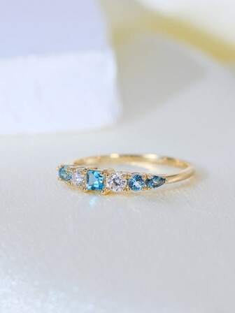  1枚时尚多宝石叠戴S925银戒指，优雅纯银戒指，轻盈奢华，适合女性日常佩戴，情人节、生日礼物、周年纪念日礼物，银饰，方形、圆形和水滴形几何形状