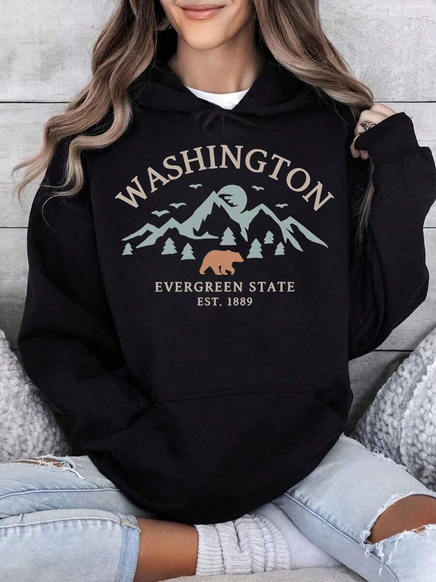 Washington Evergreen State Hoodie Est 1889 Mountain Bear Design Unisex Sweatshirt For Outdoor Nature Lovers Travel Souvenir Gift For Men Women - 黑色 - 查看 1