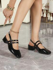 宽楦女式高跟鞋、时尚漆皮凉鞋、休闲露趾后带凉鞋、系带凉鞋、职业凉鞋、玛丽珍平底鞋、休闲露跟穆勒鞋 - 黑色 - 查看 4