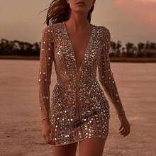 European And American Evening Dress Women's Deep V Long Sleeve Sequin Dress Small Dress Light Luxury - 金色 - 查看 8