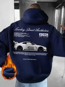 GRDR 男士连帽衫，汽车元素印花，袋鼠口袋，秋冬新款街头时尚 - 藏蓝色 - 查看 4