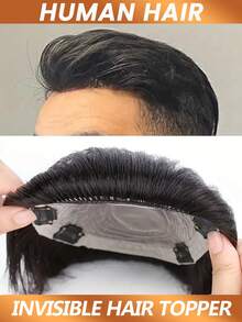 Men's Invisible Topper Natural Looking Short Human Hair Straight Hairpiece For Thinning Balding Suitable For All Ethnicities - Natural Black - View 2