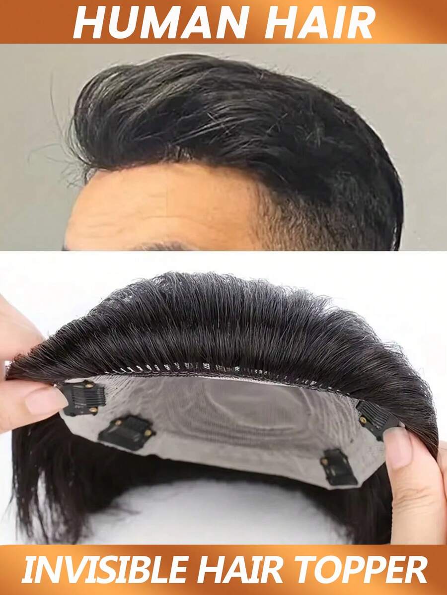 Pieza superior invisible para hombres, cabello humano natural de apariencia corta y recta, adecuado para calvicie y cabello ralo, apto para todas las etnias - Natural Black - Ver 1