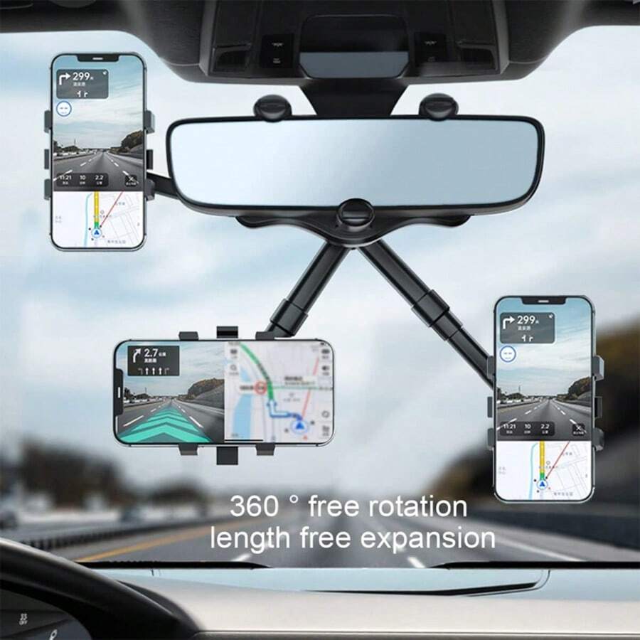 360° Rotatable And Retractable Car Phone Holder, Multifunctional Adjustable Mount, Universal Rearview Mirror Phone Holder For All Mobile Phones,Secure Grip For Navigation While Driving, Stylish Accessory,Flexible Positioning,Christmas - 黑色 - 查看 1
