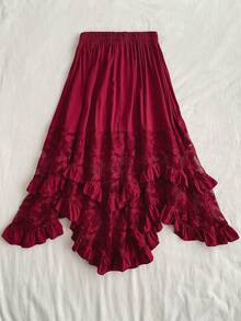 Rusttydustty 女士黑色蕾丝拼接荷叶边中长裙，优雅复古不对称下摆，波西米亚风，适合复活节海滩装扮、夏威夷音乐节和热带度假。 - 紅色 - 查看 3