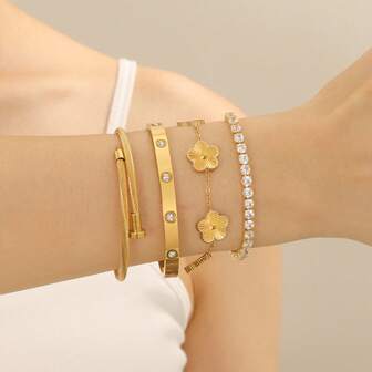 Pulsera de mujer de acero inoxidable con diseño de trébol de cuatro hojas y circonita, adecuada para uso diario