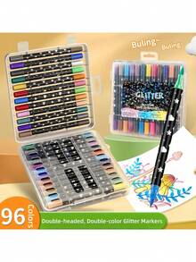 24/48/72/96 Colour Double-Tip Glitter Markers, Glitter Curry Pens, Watercolor Drawing Pens, And Fluorescent Glitter Chalk Sets. Christmas Gift, School Supplies, Office Supplies, Bible Study Supplies, Scrapbook Supplies, Highlighters For School, Back To School, Cute Pens, Art Supplies - Multicolor - View 8