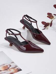 Women's Solid Color Patent Leather Ankle Strap Kitten Heel Shoes, Elegant Pointed Toe High Heel Sandals, Fashion Ankle Strap High Heels, Formal Occasion Wedding Party Shoes - Burgundy - View 1