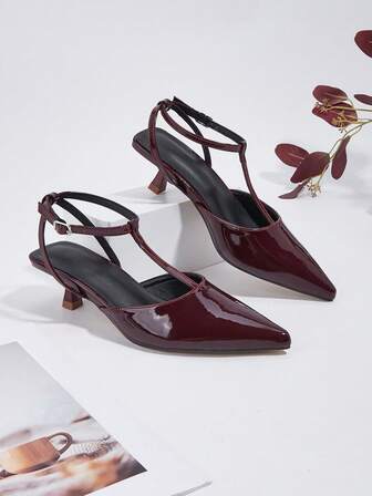 Women's Solid Color Patent Leather Ankle Strap Kitten Heel Shoes, Elegant Pointed Toe High Heel Sandals, Fashion Ankle Strap High Heels, Formal Occasion Wedding Party Shoes
