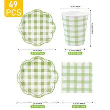 8 piezas Juego de platos, servilletas y vasos desechables con forma de pétalo a cuadros verdes, adecuado para 8 invitados, vajilla desechable de papel para fiestas, cumpleaños, bodas, eventos temáticos, picnics familiares - Multicolor - Ver 2