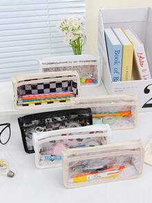 Estojo de lápis grande e transparente, com estampa xadrez elegante, estampa de desenho animado fofa, estojo para canetas com estampa floral feminina, estojo para lápis de duas camadas, estojo infantil adorável para guardar canetas, régua, borracha, fita adesiva e corretivo. Organizador de material escolar prático. - Multicolorido - Ver 2